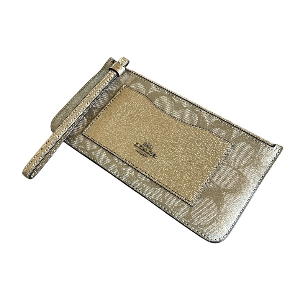 COACH Signature Metallic Gold Colorblock Leather Zip Top Wallet Wristlet F39672 - Picture 7 of 7
